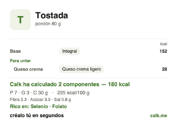 Ficha de Calk, versión menos calórica de Tostada: 225 kcal por 100 g, proteínas/grasas/hidratos 16/17/67