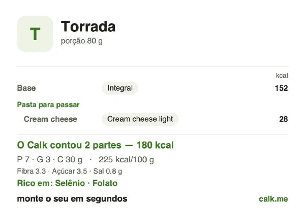 Cartão do Calk para a versão menos calórica de Torrada: 225 kcal por 100 g, proteína/gordura/carboidratos 16/17/67