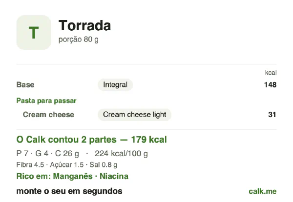Cartão do Calk para a versão menos calórica de Torrada: 224 kcal por 100 g, proteína/gordura/carboidratos 16/23/60