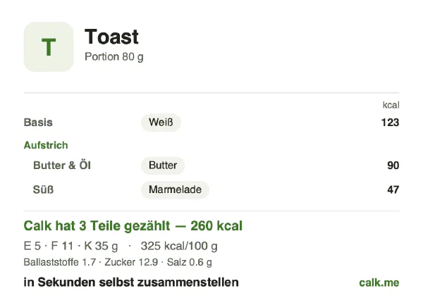 Calk-Karte für die kalorienreichere Variante von Toast: 325 kcal pro 100 g, Eiweiß/Fett/Kohlenhydrate 7/38/54