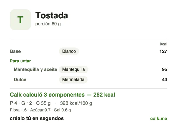 Tarjeta de Calk, versión más calórica de Tostada: 328 kcal por 100 g, proteínas/grasas/carbohidratos 7/41/53