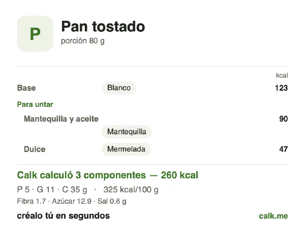 Tarjeta de Calk, versión más calórica de Pan tostado: 325 kcal por 100 g, proteínas/grasas/carbohidratos 7/38/54