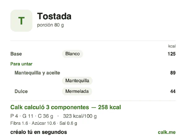 Tarjeta de Calk, versión más calórica de Tostada: 323 kcal por 100 g, proteínas/grasas/carbohidratos 7/39/54