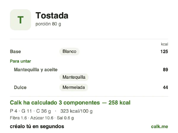 Ficha de Calk, versión más calórica de Tostada: 323 kcal por 100 g, proteínas/grasas/hidratos 7/39/54