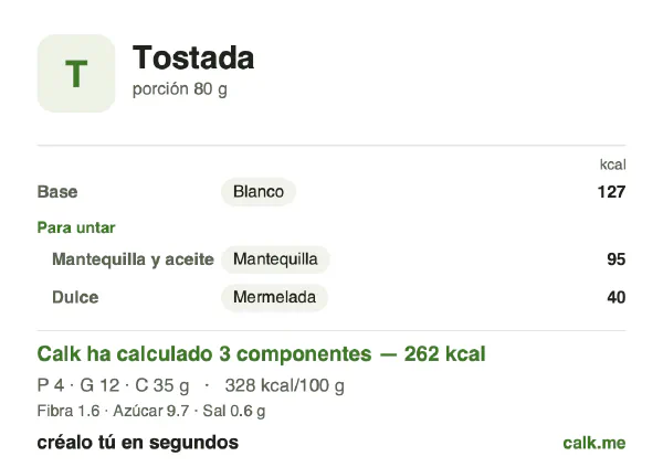Ficha de Calk, versión más calórica de Tostada: 328 kcal por 100 g, proteínas/grasas/hidratos 7/41/53