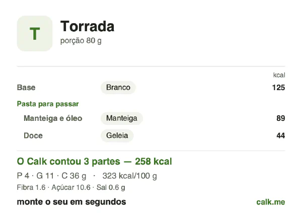 Cartão do Calk para a versão mais calórica de Torrada: 323 kcal por 100 g, proteína/gordura/carboidratos 7/39/54