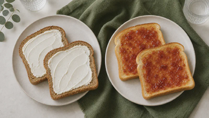 Breakfast toast: lower- and higher-calorie Calk versions side by side