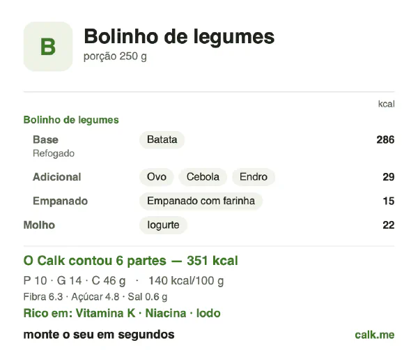 Cartão do Calk para a versão menos calórica de Bolinho de legumes: 140 kcal por 100 g, proteína/gordura/carboidratos 11/36/53