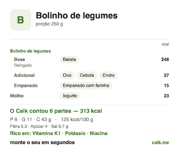 Cartão do Calk para a versão menos calórica de Bolinho de legumes: 125 kcal por 100 g, proteína/gordura/carboidratos 10/33/57