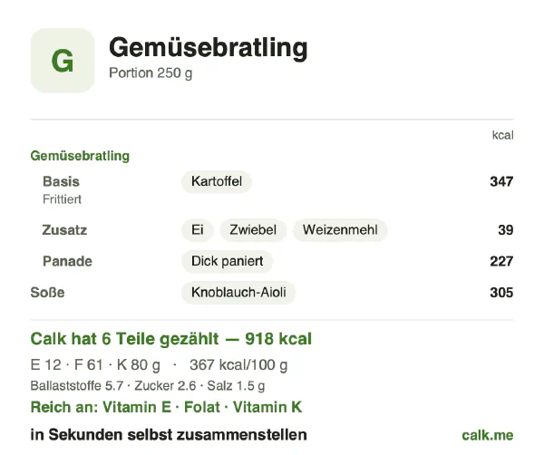 Calk-Karte für die kalorienreichere Variante von Gemüsebratling: 367 kcal pro 100 g, Eiweiß/Fett/Kohlenhydrate 5/60/35