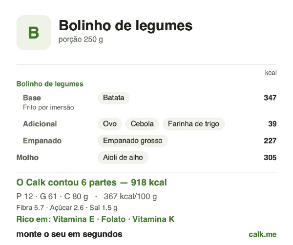 Cartão do Calk para a versão mais calórica de Bolinho de legumes: 367 kcal por 100 g, proteína/gordura/carboidratos 5/60/35