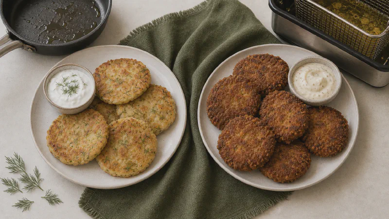 Potato patties: lower- and higher-calorie Calk versions side by side