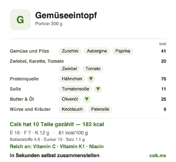 Calk-Karte für die kalorienärmere Variante von Gemüseeintopf: 61 kcal pro 100 g, Eiweiß/Fett/Kohlenhydrate 38/34/28