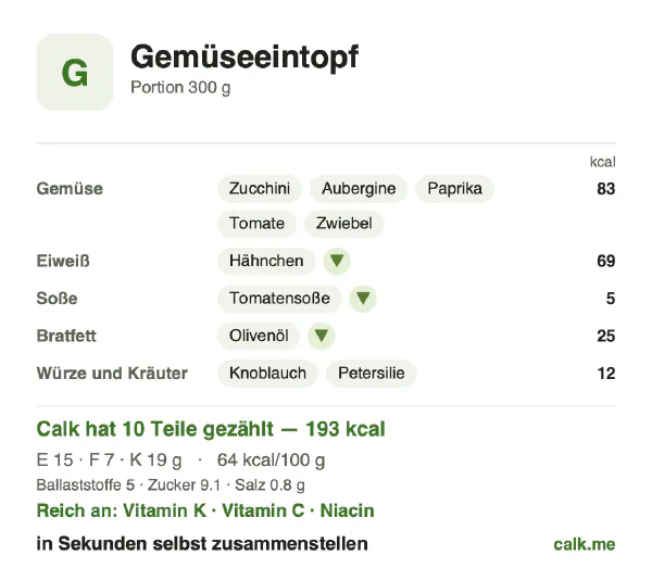 Calk-Karte für die kalorienärmere Variante von Gemüseeintopf: 64 kcal pro 100 g, Eiweiß/Fett/Kohlenhydrate 30/33/38