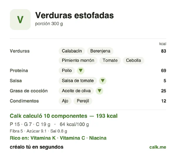 Tarjeta de Calk, versión menos calórica de Verduras estofadas: 64 kcal por 100 g, proteínas/grasas/carbohidratos 30/33/38