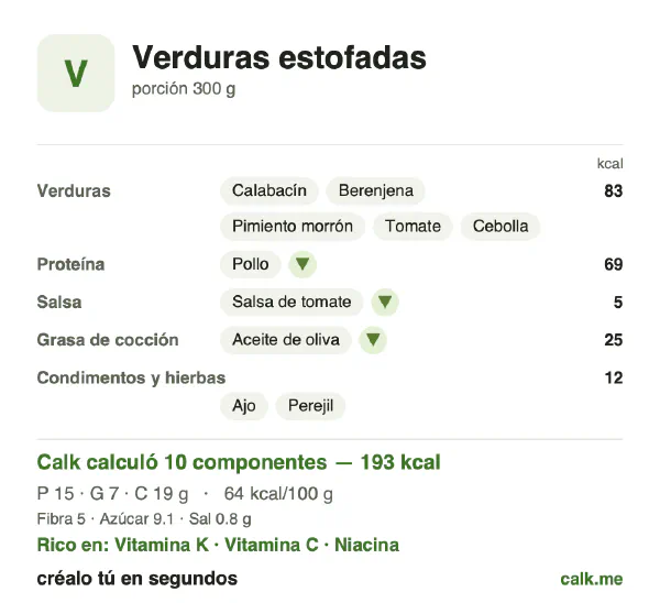Tarjeta de Calk, versión menos calórica de Verduras estofadas: 64 kcal por 100 g, proteínas/grasas/carbohidratos 30/33/38