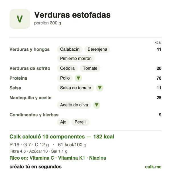 Tarjeta de Calk, versión menos calórica de Verduras estofadas: 61 kcal por 100 g, proteínas/grasas/carbohidratos 38/34/28