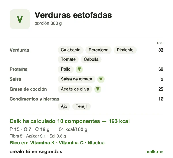 Ficha de Calk, versión menos calórica de Verduras estofadas: 64 kcal por 100 g, proteínas/grasas/hidratos 30/33/38