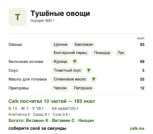 Карточка Calk, менее калорийный вариант Тушёные овощи: 64 ккал на 100 г, белки/жиры/углеводы 30/33/38