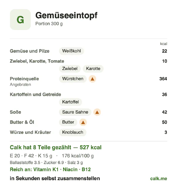 Calk-Karte für die kalorienreichere Variante von Gemüseeintopf: 176 kcal pro 100 g, Eiweiß/Fett/Kohlenhydrate 16/73/11