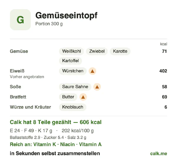 Calk-Karte für die kalorienreichere Variante von Gemüseeintopf: 202 kcal pro 100 g, Eiweiß/Fett/Kohlenhydrate 16/73/11