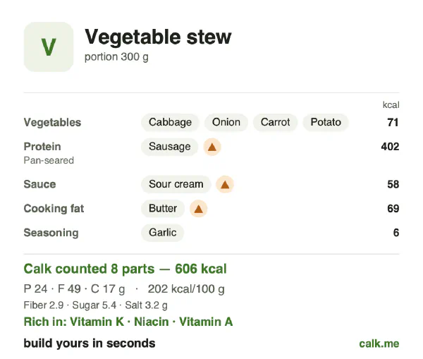 Higher calorie Calk card for Vegetable stew: 202 kcal per 100 g, protein/fat/carbs 16/73/11