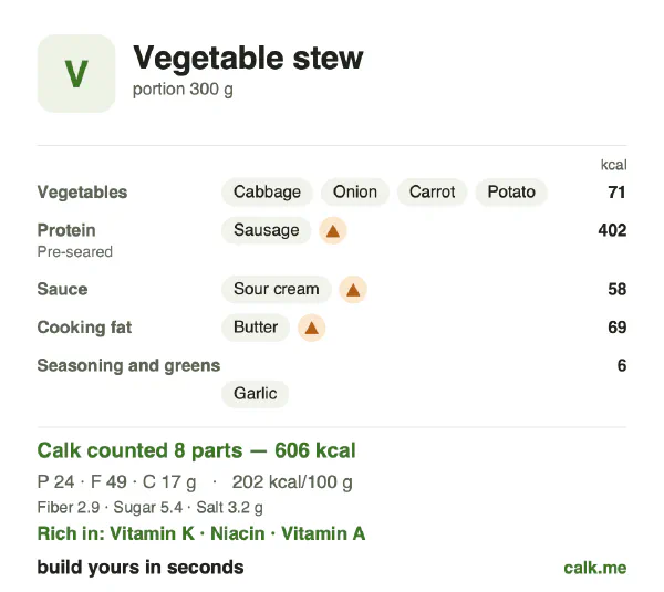 Higher calorie Calk card for Vegetable stew: 202 kcal per 100 g, protein/fat/carbs 16/73/11