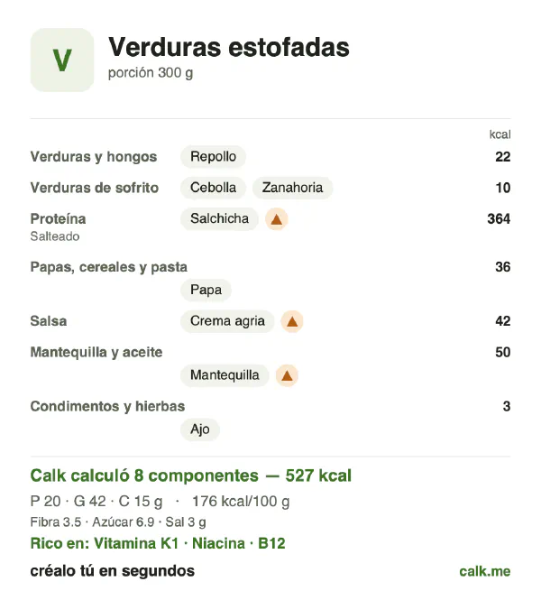 Tarjeta de Calk, versión más calórica de Verduras estofadas: 176 kcal por 100 g, proteínas/grasas/carbohidratos 16/73/11
