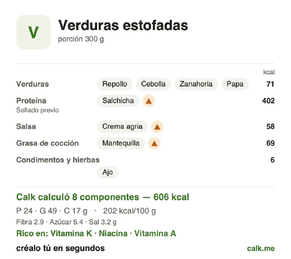 Tarjeta de Calk, versión más calórica de Verduras estofadas: 202 kcal por 100 g, proteínas/grasas/carbohidratos 16/73/11