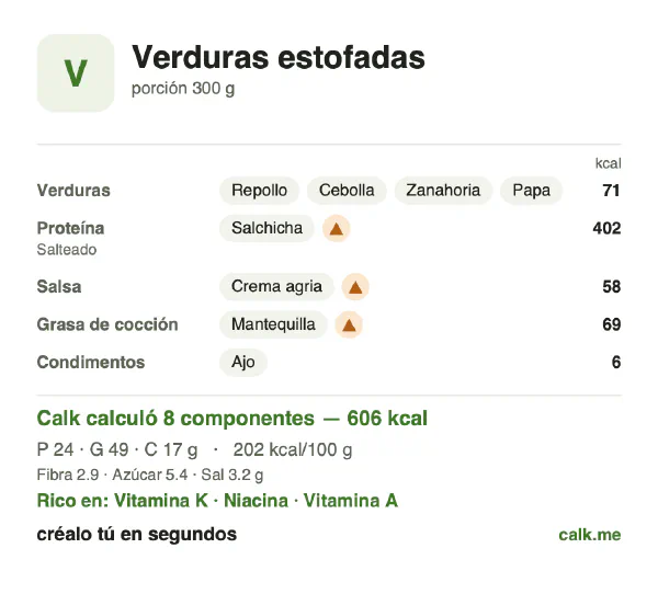 Tarjeta de Calk, versión más calórica de Verduras estofadas: 202 kcal por 100 g, proteínas/grasas/carbohidratos 16/73/11