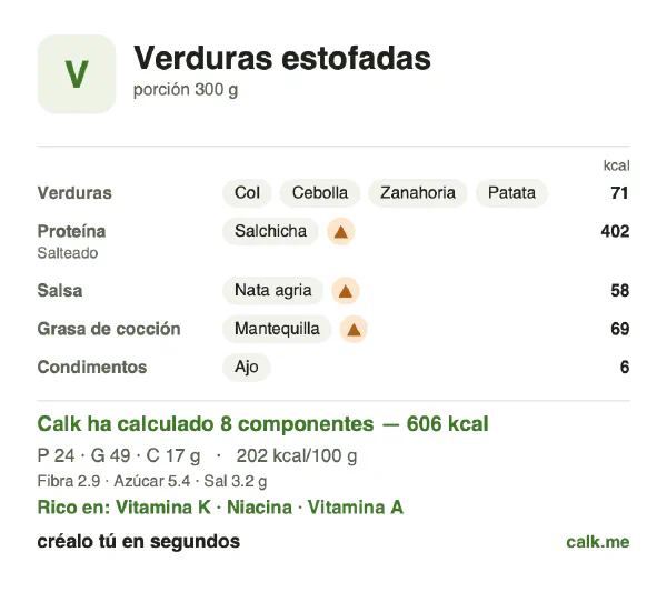 Ficha de Calk, versión más calórica de Verduras estofadas: 202 kcal por 100 g, proteínas/grasas/hidratos 16/73/11