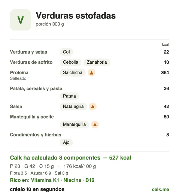 Ficha de Calk, versión más calórica de Verduras estofadas: 176 kcal por 100 g, proteínas/grasas/hidratos 16/73/11