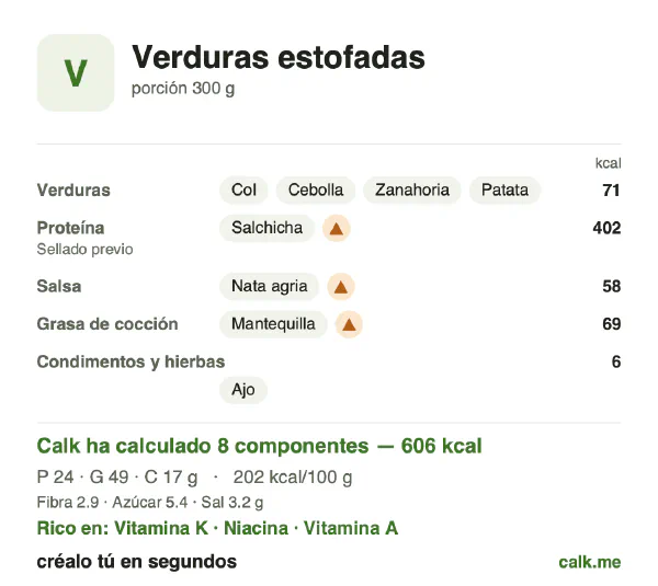 Ficha de Calk, versión más calórica de Verduras estofadas: 202 kcal por 100 g, proteínas/grasas/hidratos 16/73/11