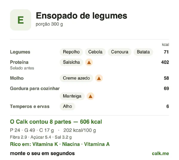 Cartão do Calk para a versão mais calórica de Ensopado de legumes: 202 kcal por 100 g, proteína/gordura/carboidratos 16/73/11