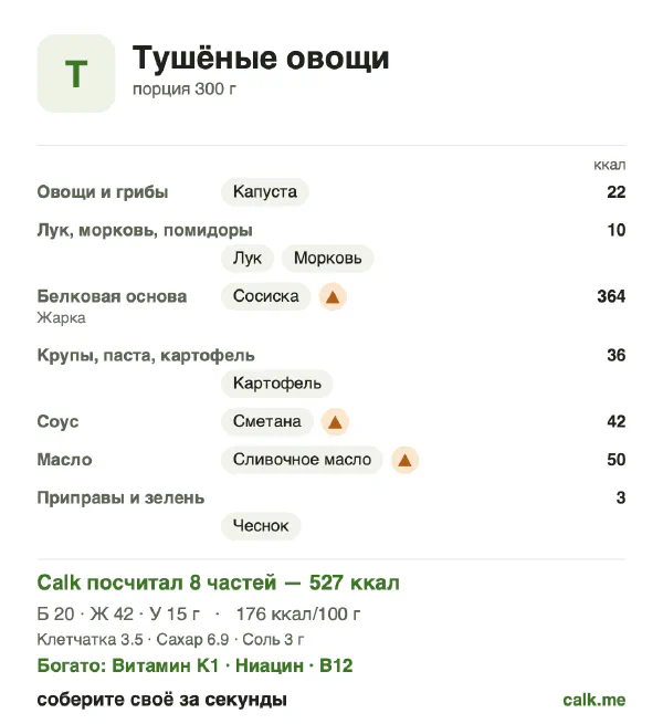 Карточка «Тушёные овощи» в Calk — более калорийный вариант: 176 ккал на 100 г, белки/жиры/углеводы 16/73/11