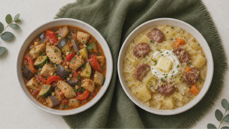 Vegetable stew: lower- and higher-calorie Calk versions side by side