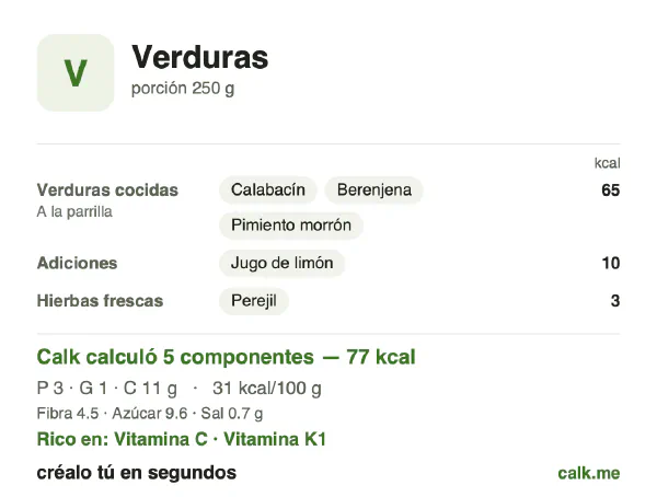 Tarjeta de Calk, versión menos calórica de Verduras: 31 kcal por 100 g, proteínas/grasas/carbohidratos 19/12/69