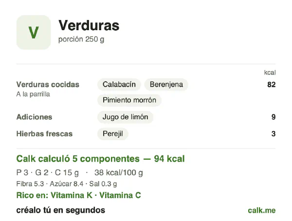 Tarjeta de Calk, versión menos calórica de Verduras: 38 kcal por 100 g, proteínas/grasas/carbohidratos 13/22/66