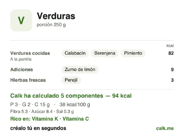 Ficha de Calk, versión menos calórica de Verduras: 38 kcal por 100 g, proteínas/grasas/hidratos 13/22/66