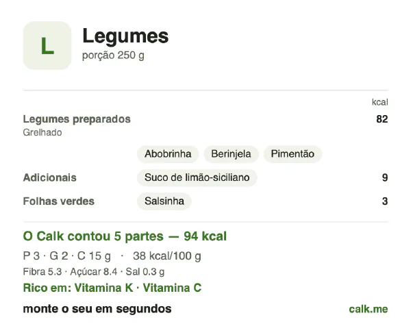 Cartão do Calk para a versão menos calórica de Legumes: 38 kcal por 100 g, proteína/gordura/carboidratos 13/22/66