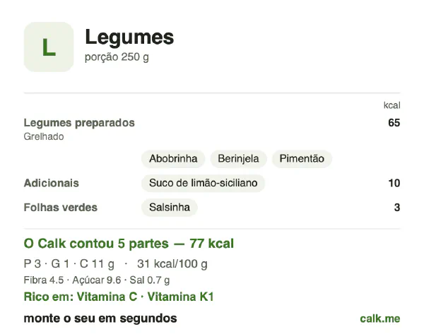 Cartão do Calk para a versão menos calórica de Legumes: 31 kcal por 100 g, proteína/gordura/carboidratos 19/12/69