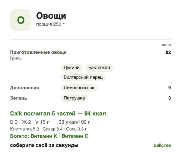 Карточка «Овощи» в Calk — менее калорийный вариант: 38 ккал на 100 г, белки/жиры/углеводы 13/22/66