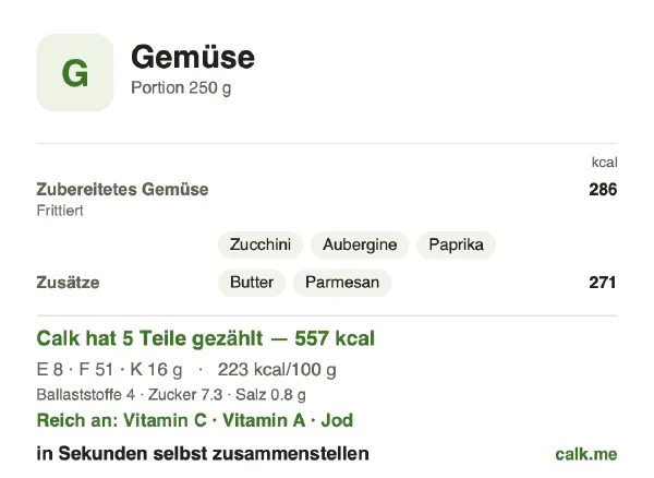 Calk-Karte für die kalorienreichere Variante von Gemüse: 223 kcal pro 100 g, Eiweiß/Fett/Kohlenhydrate 6/83/11