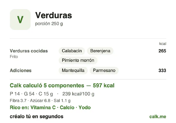 Tarjeta de Calk, versión más calórica de Verduras: 239 kcal por 100 g, proteínas/grasas/carbohidratos 9/81/10