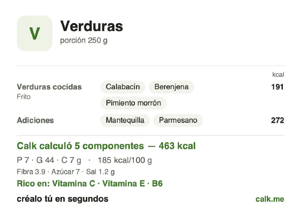 Tarjeta de Calk, versión más calórica de Verduras: 185 kcal por 100 g, proteínas/grasas/carbohidratos 6/87/7
