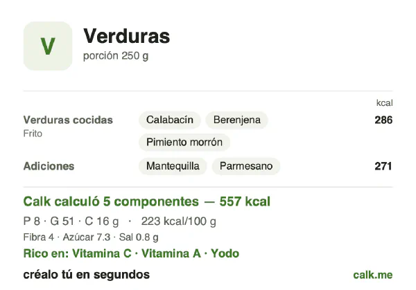 Tarjeta de Calk, versión más calórica de Verduras: 223 kcal por 100 g, proteínas/grasas/carbohidratos 6/83/11