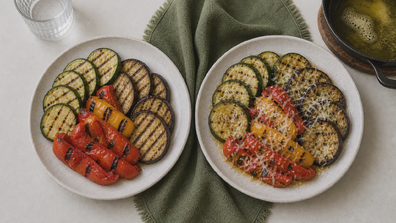 Mediterranean vegetable side: lower- and higher-calorie Calk versions side by side