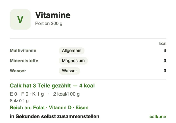 Calk-Karte für die kalorienärmere Variante von Vitamine: 4 kcal/Tag, Eiweiß/Fett/Kohlenhydrate 11/9/80