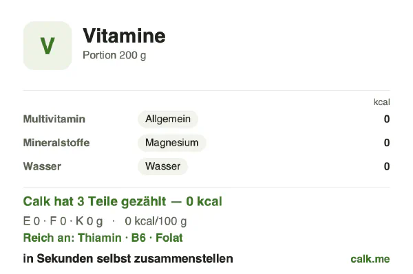 Calk-Karte für die kalorienärmere Variante von Vitamine: 0 kcal/Tag, Eiweiß/Fett/Kohlenhydrate 0/0/0