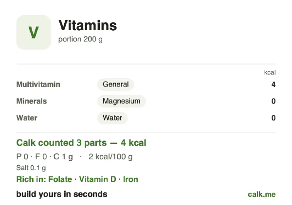 Lower calorie Calk card for Vitamins: 4 kcal/day, protein/fat/carbs 11/9/80